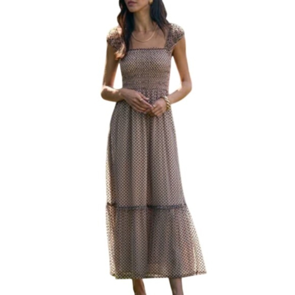 Saltwater Luxe Womens Cottagecore Maxi Dress Smocked Bodice L Cream Polka Dot